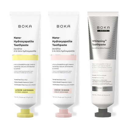 Three bottles of Boka Nano-Hydroxyapatite Toothpaste on a white background