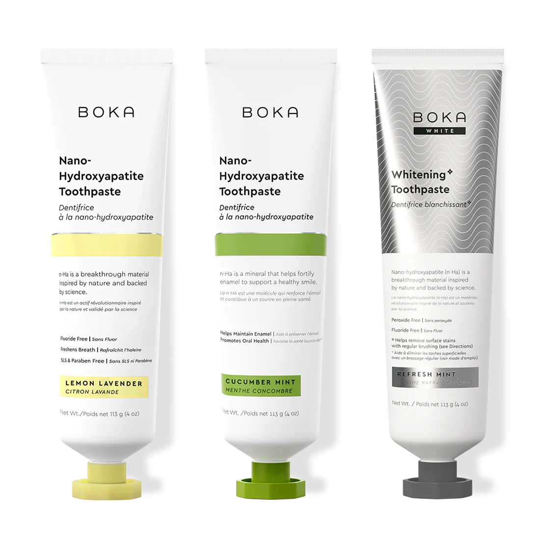 Three bottles of Boka Nano-Hydroxyapatite Toothpaste on a white background