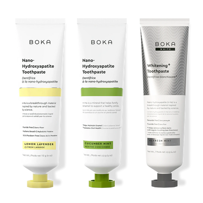 Three bottles of Boka Nano-Hydroxyapatite Toothpaste on a white background