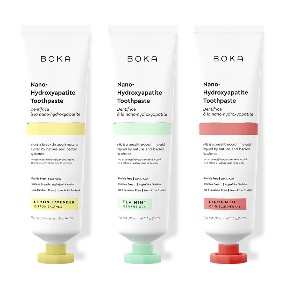 Three tubes of Boka Nano-Hydroxyapatite Toothpaste with different flavors on a white background.