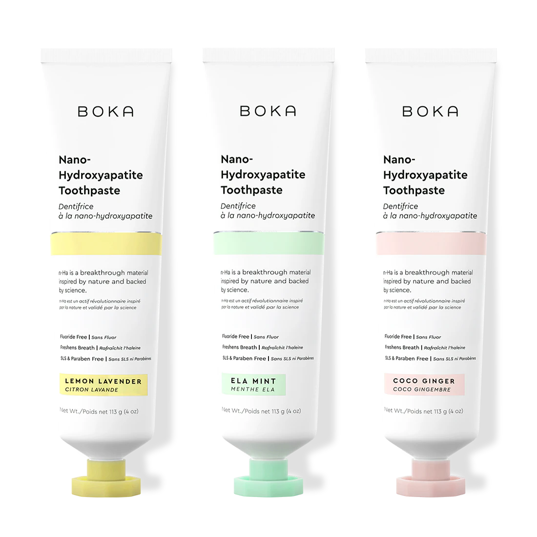 Three bottles of Boka Nano-Hydroxyapatite Toothpaste on a white background