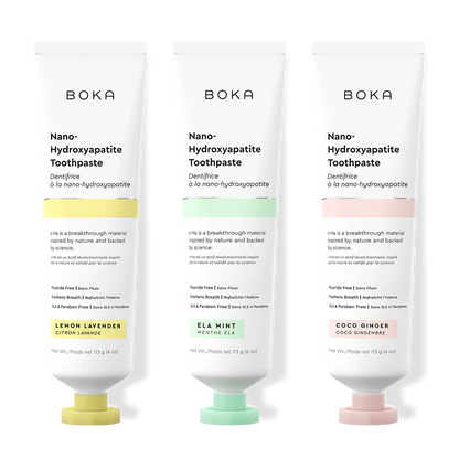 Three bottles of Boka Nano-Hydroxyapatite Toothpaste on a white background