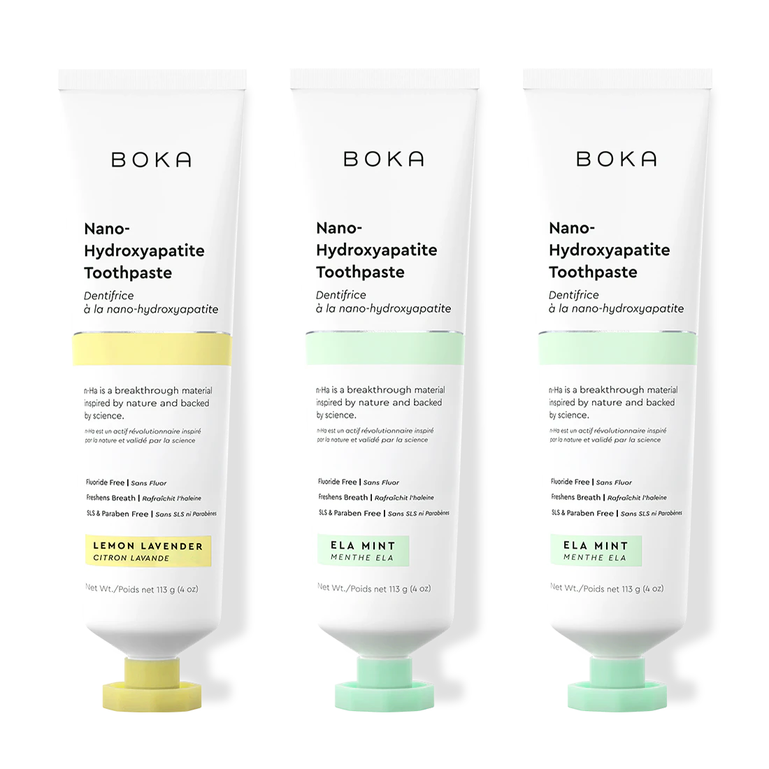 Three bottles of Boka Nano-Hydroxyapatite Toothpaste on a white background