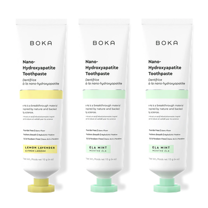 Three bottles of Boka Nano-Hydroxyapatite Toothpaste on a white background