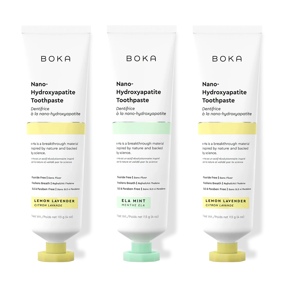 Three tubes of Boka Nano-Hydroxyapatite Toothpaste on a white background