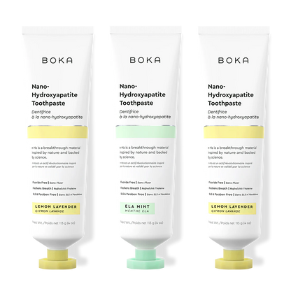 Three tubes of Boka Nano-Hydroxyapatite Toothpaste on a white background