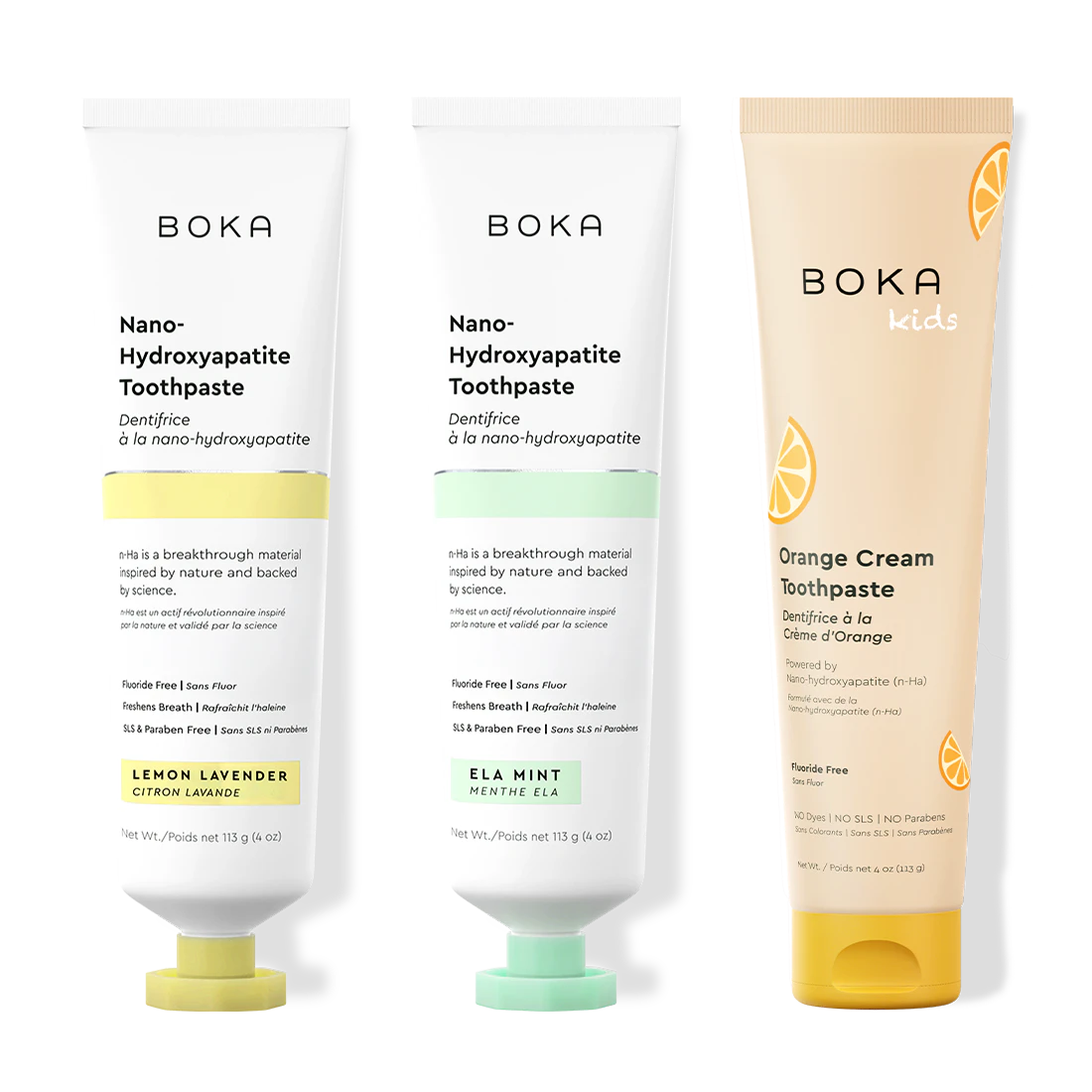 Three bottles of Boka Nano-Hydroxyapatite Toothpaste on a white background