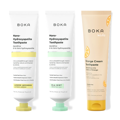 Three bottles of Boka Nano-Hydroxyapatite Toothpaste on a white background