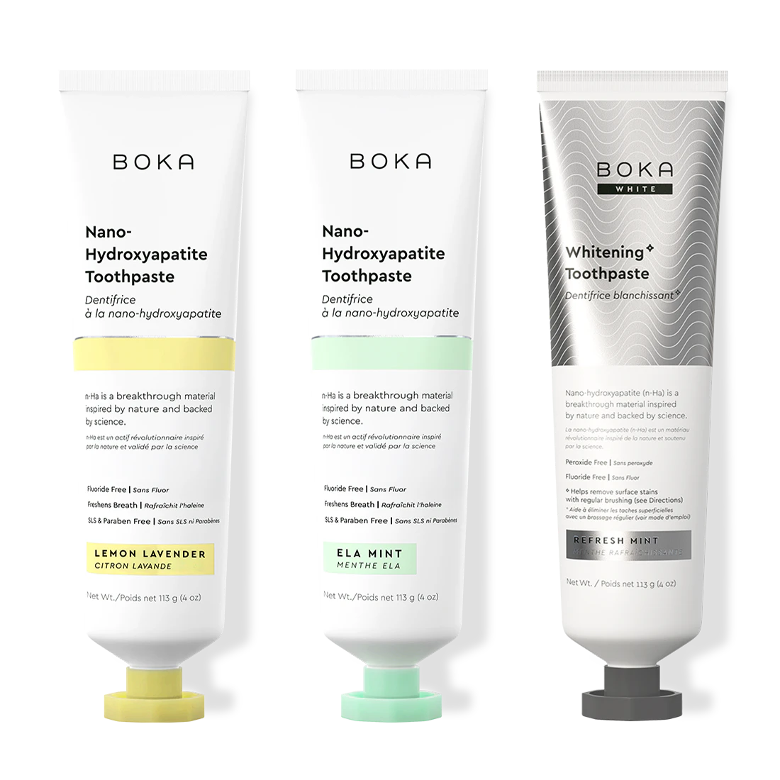 Three bottles of Boka Nano-Hydroxyapatite Toothpaste on a white background