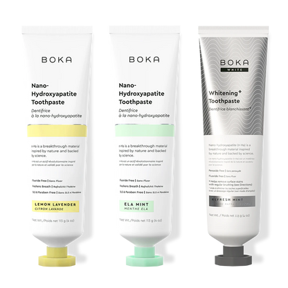 Three bottles of Boka Nano-Hydroxyapatite Toothpaste on a white background