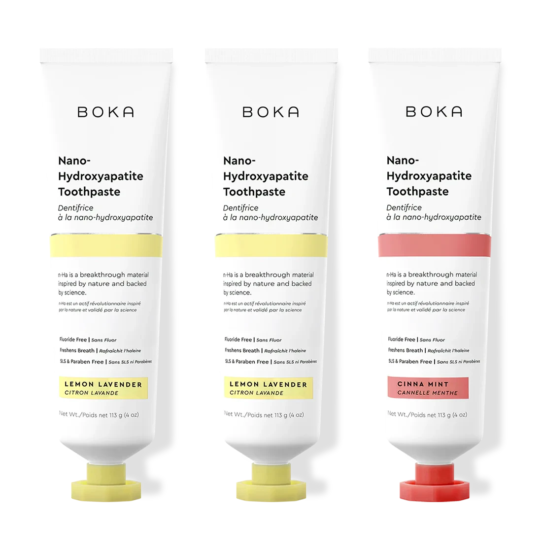 Three tubes of Boka Nano-Hydroxyapatite Toothpaste with different flavors on a white background.