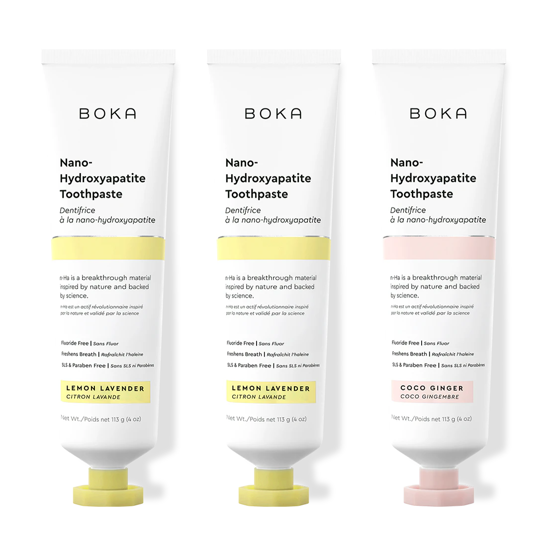 Three tubes of Boka Nano-Hydroxyapatite Toothpaste on a white background