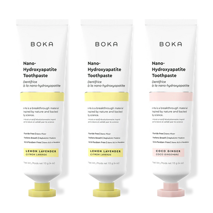 Three tubes of Boka Nano-Hydroxyapatite Toothpaste on a white background
