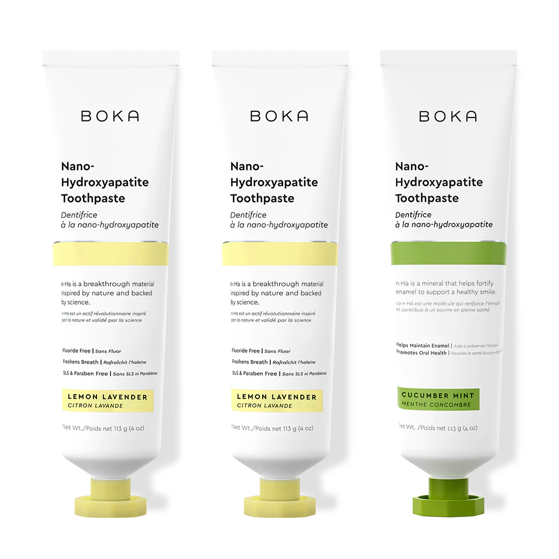 Three bottles of Boka Nano-Hydroxyapatite Toothpaste on a white background