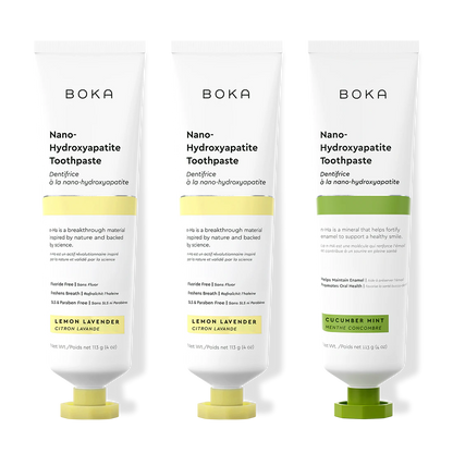 Three bottles of Boka Nano-Hydroxyapatite Toothpaste on a white background