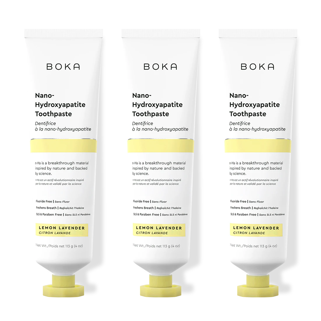 Three tubes of Boka Nano-Hydroxyapatite Toothpaste with lemon lavender flavor on a white background.
