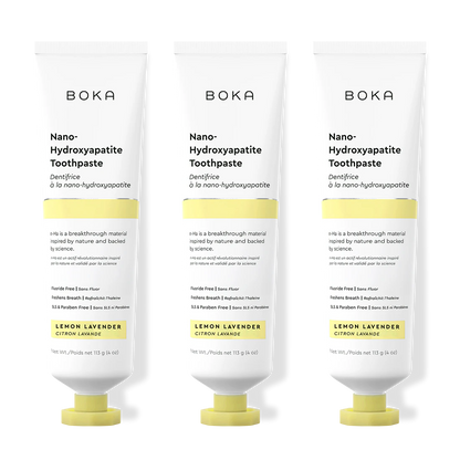 Three tubes of Boka Nano-Hydroxyapatite Toothpaste with lemon lavender flavor on a white background.