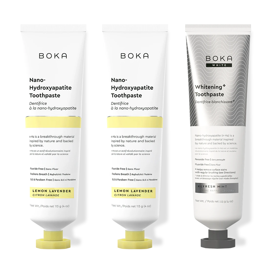 Three bottles of Boka Nano-Hydroxyapatite Toothpaste on a white background