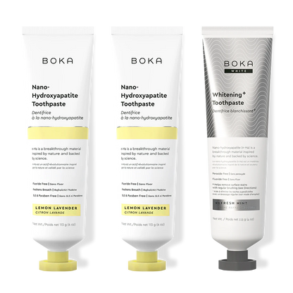 Three bottles of Boka Nano-Hydroxyapatite Toothpaste on a white background