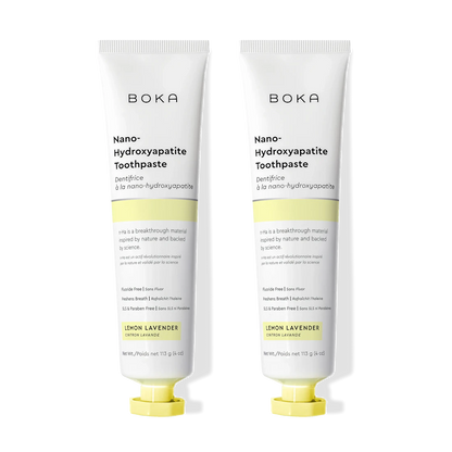 Two tubes of Boka Nano-Hydroxyapatite Toothpaste on a white background