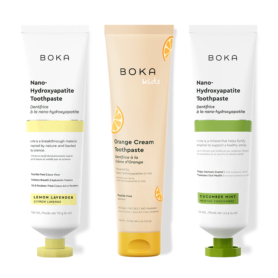 Three bottles of Boka Nano-Hydroxyapatite Toothpaste on a white background