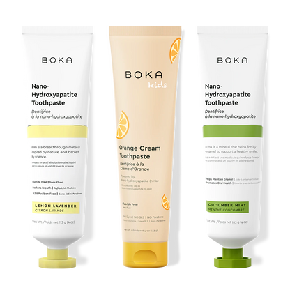 Three bottles of Boka Nano-Hydroxyapatite Toothpaste on a white background