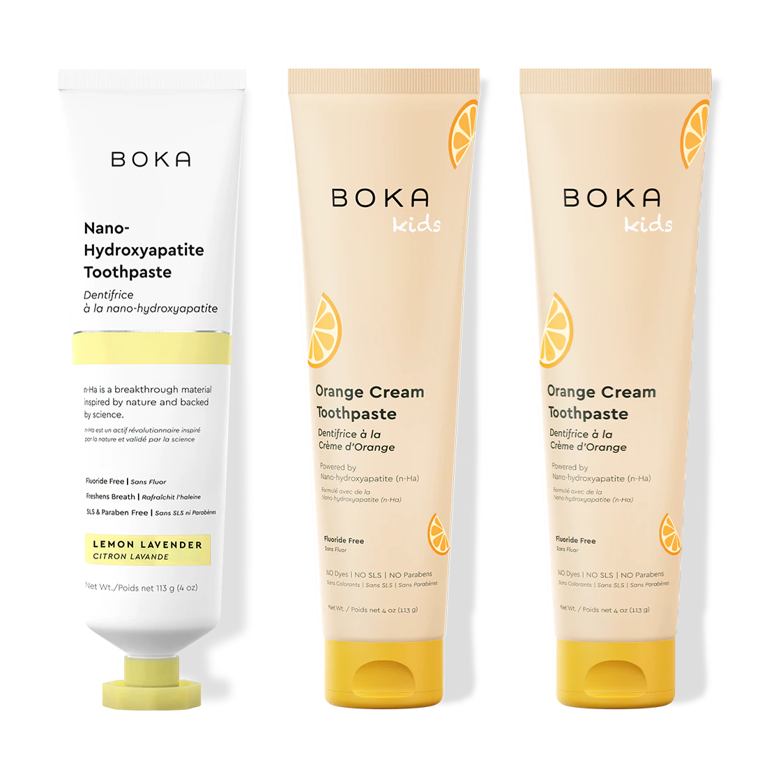 Three bottles of Boka Nano-Hydroxyapatite Toothpaste on a white background
