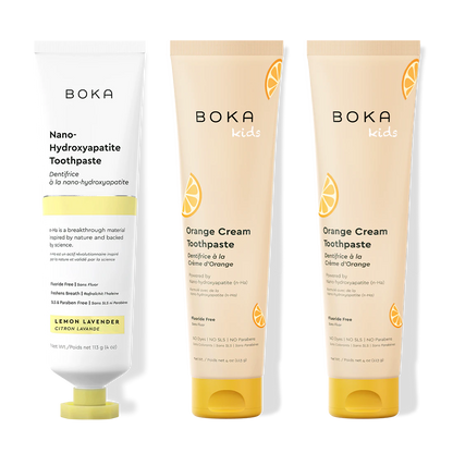Three bottles of Boka Nano-Hydroxyapatite Toothpaste on a white background