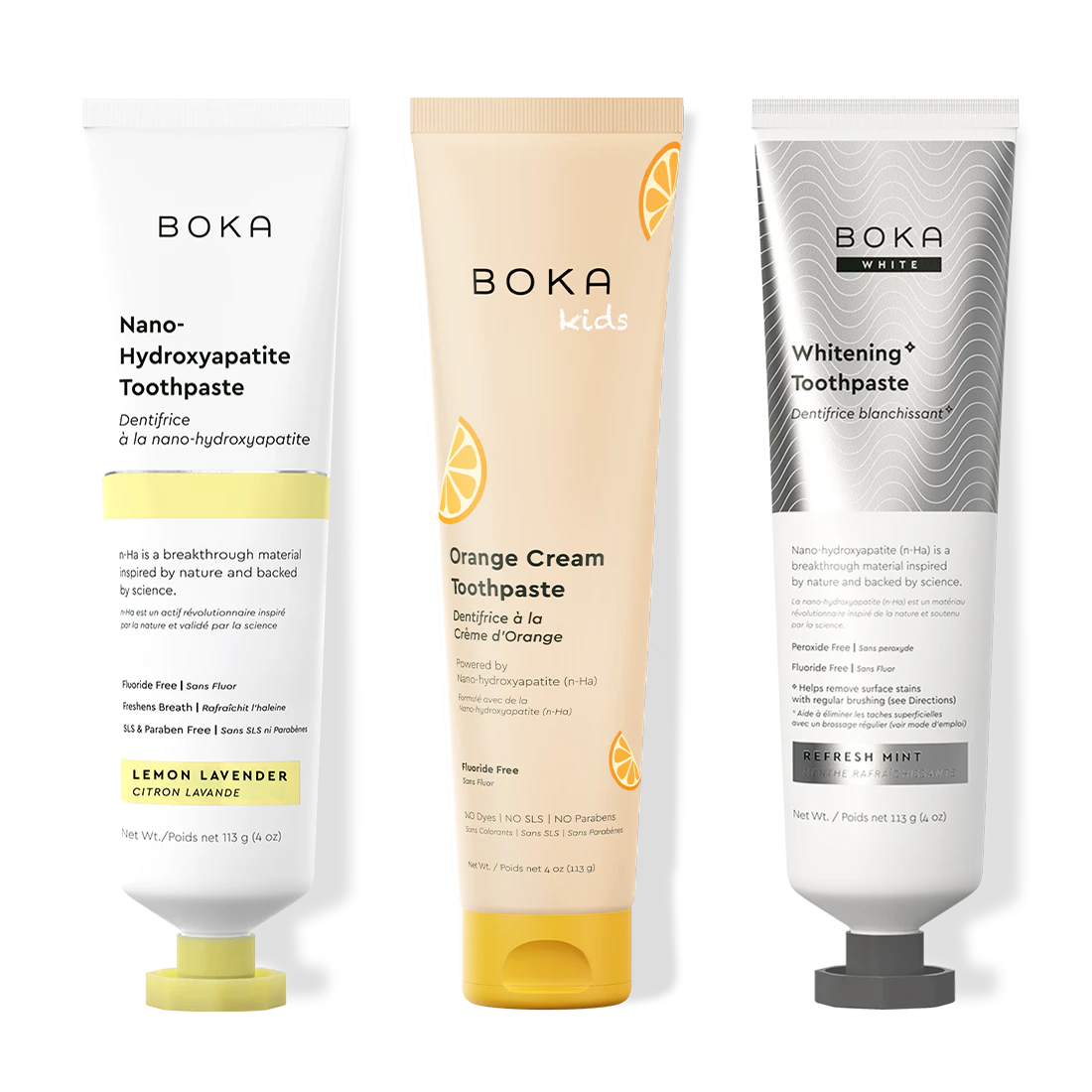 Three bottles of Boka Nano-Hydroxyapatite Toothpaste on a white background