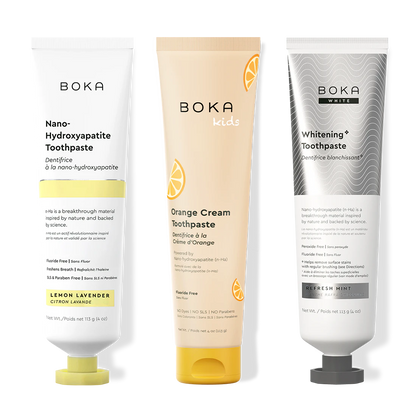 Three bottles of Boka Nano-Hydroxyapatite Toothpaste on a white background