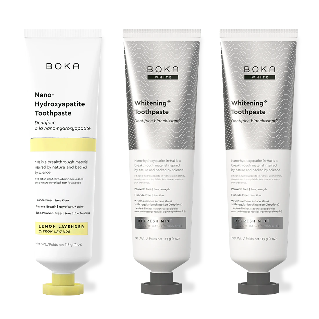 Three bottles of Boka Nano-Hydroxyapatite Toothpaste on a white background