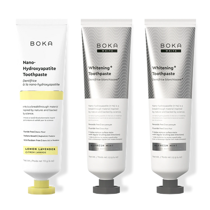 Three bottles of Boka Nano-Hydroxyapatite Toothpaste on a white background