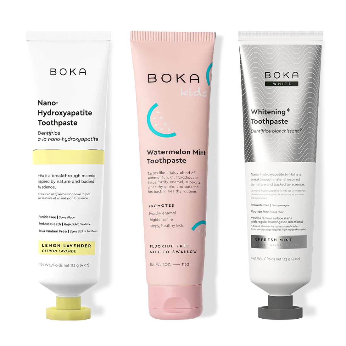 Three bottles of Boka Nano-Hydroxyapatite Toothpaste on a white background