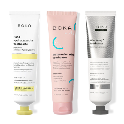 Three bottles of Boka Nano-Hydroxyapatite Toothpaste on a white background