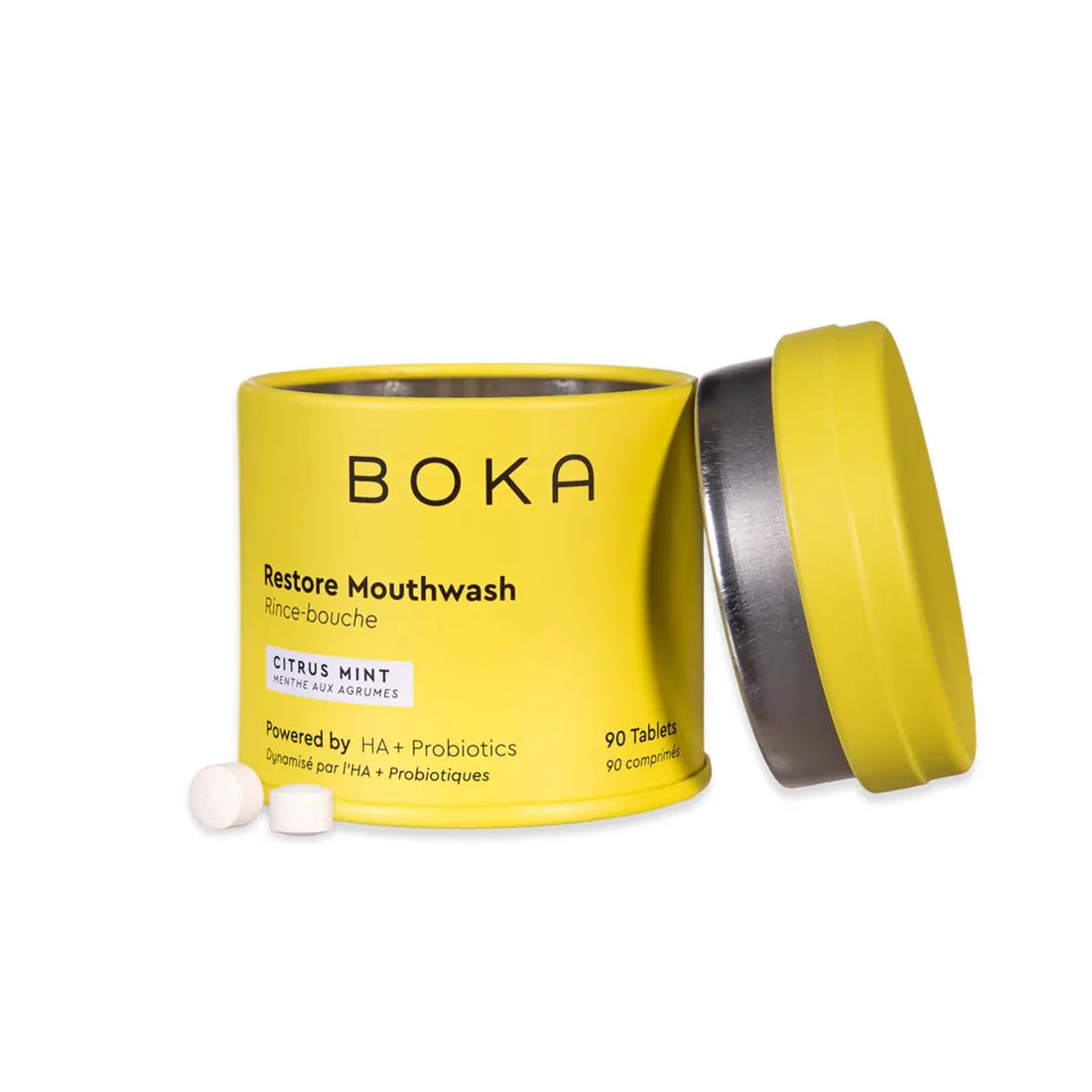 Yellow container of Boka Restore Mouthwash with tablets on a white background