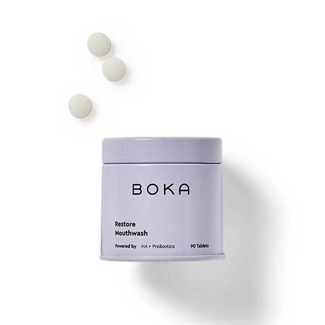 Boka Restore Mouthwash container with tablets on a white background