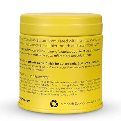 Yellow container with text and a recycling symbol on a white background