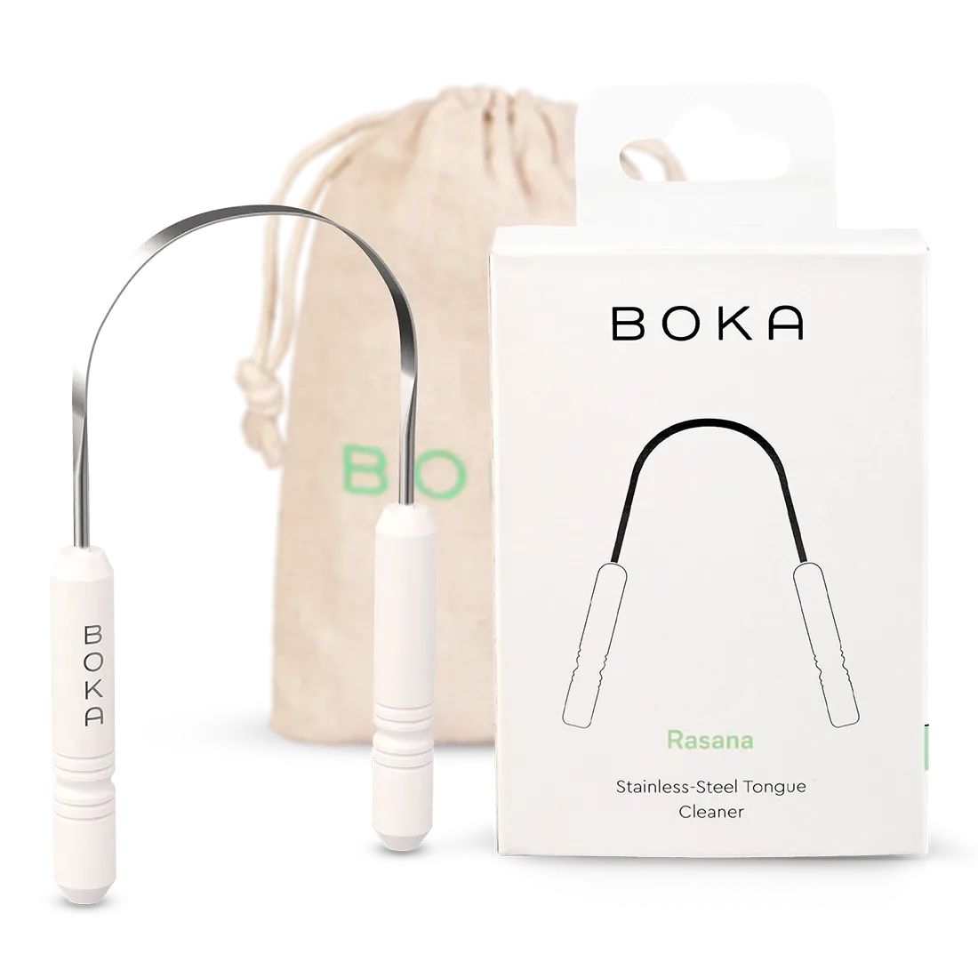 Boka stainless steel tongue cleaner with packaging and drawstring bag on a white background