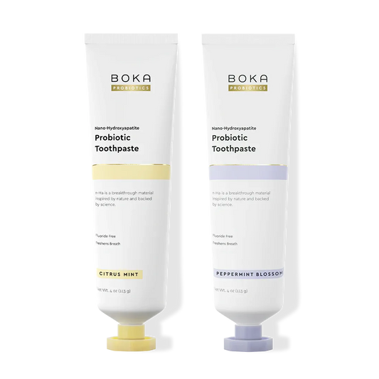 Two tubes of Boka Probiotic Toothpaste on a white background