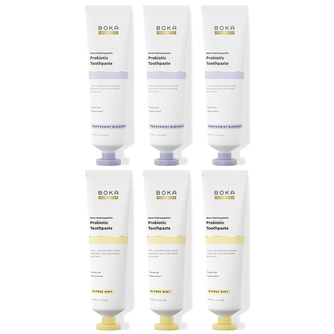 Six tubes of Boka Probiotic Toothpaste on a white background