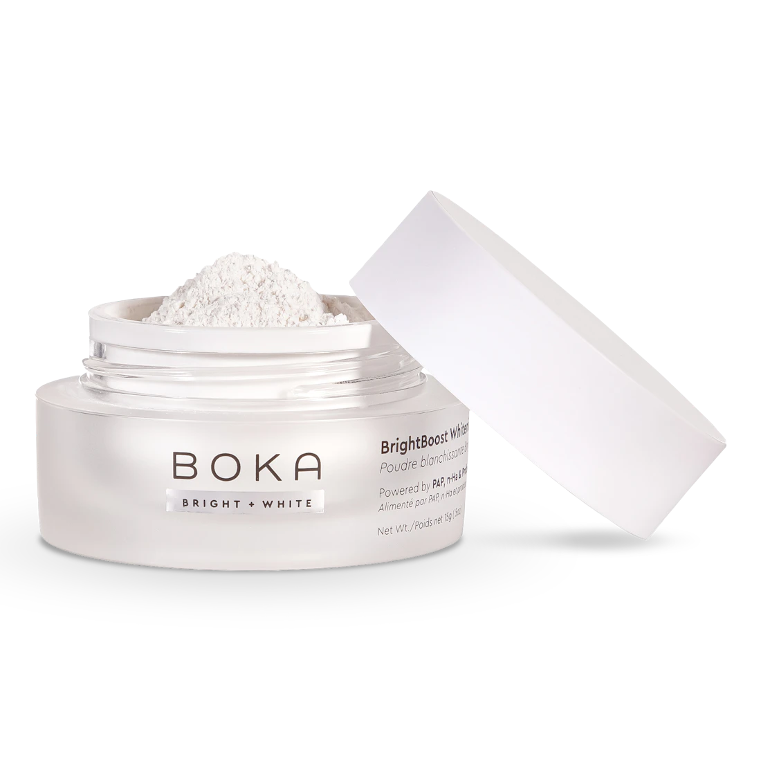 Boka Bright White powder in an open jar on a white background