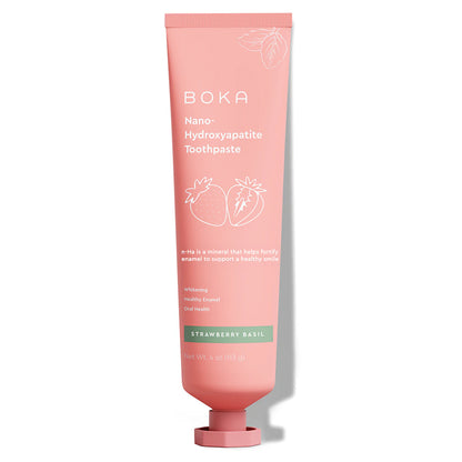 Strawberry Basil n-Ha Toothpaste, fluoride-free, 4 oz pink tube with nano-hydroxyapatite.