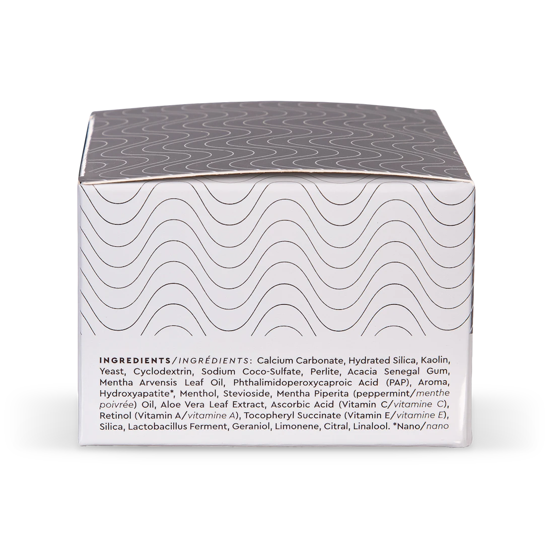 Product packaging with wavy pattern and ingredient list on a white background