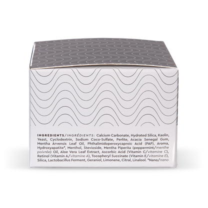 Product packaging with wavy pattern and ingredient list on a white background