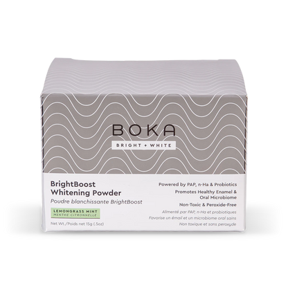 Boka Bright Boost Whitening Powder packaging on a white background