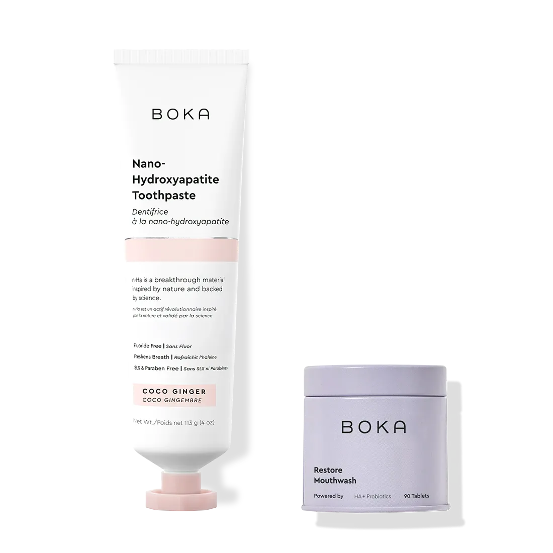 Boka Nano-Hydroxyapatite Toothpaste and Mouthwash on a white background