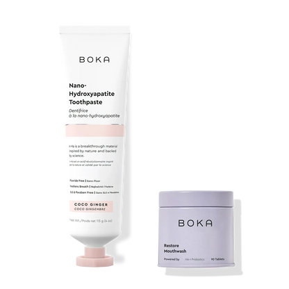 Boka Nano-Hydroxyapatite Toothpaste and Mouthwash on a white background