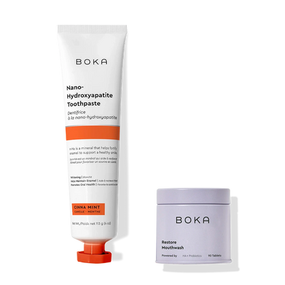 The Mighty Duo includes Boka n-Ha Toothpaste and Restore Mouthwash tablets for your oral microbiome.
