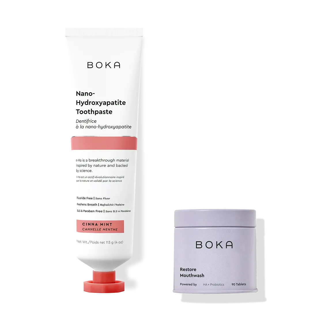 Boka Nano-Hydroxyapatite Toothpaste and Mouthwash on a white background