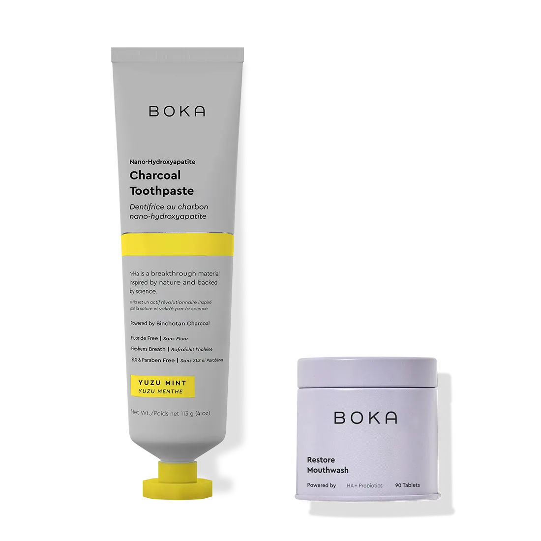 Boka Charcoal Toothpaste and Mouthwash on a white background